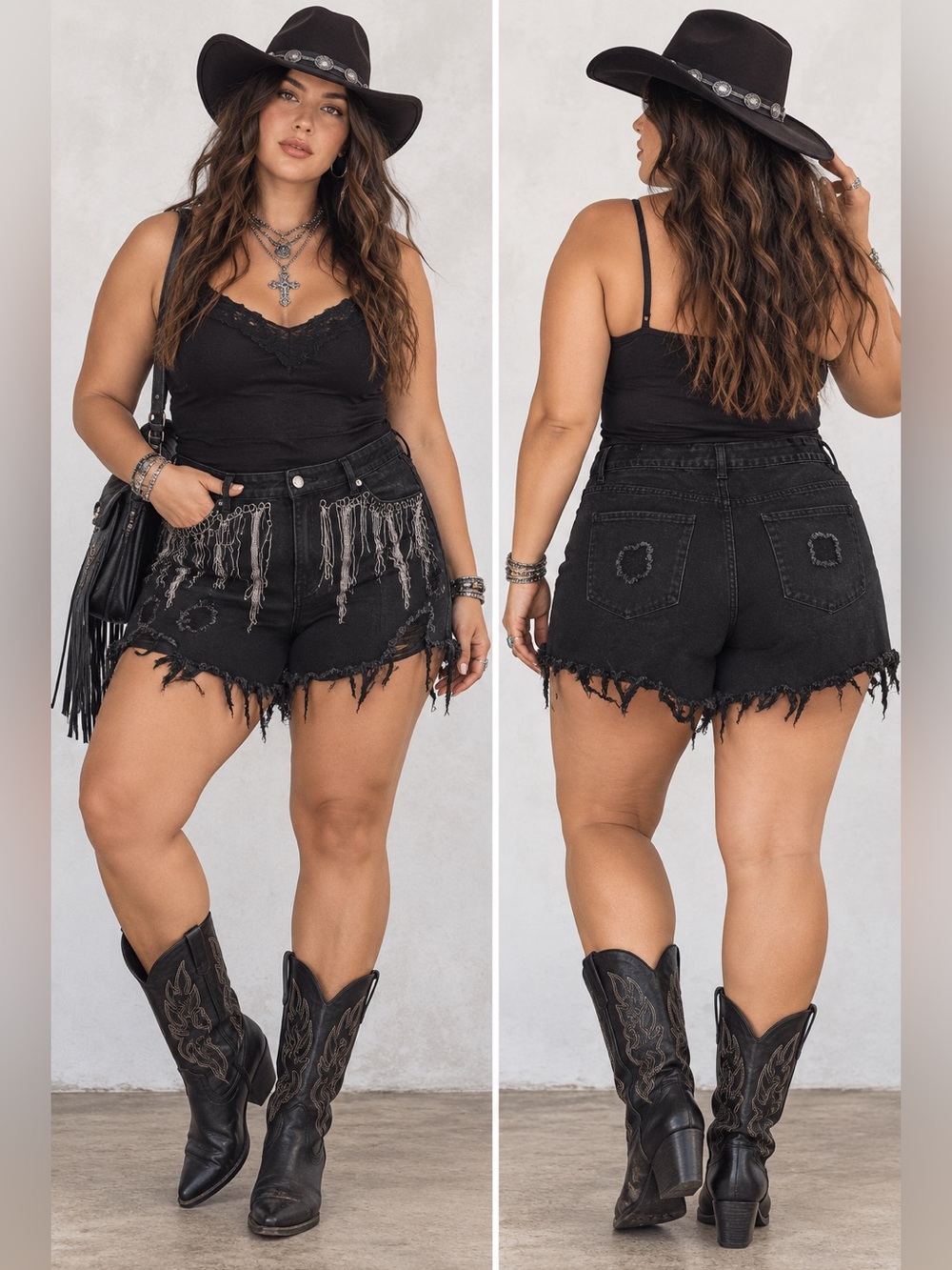 Black Distressed Fringe Western Y2K Grunge Goth Denim Shorts 4XL